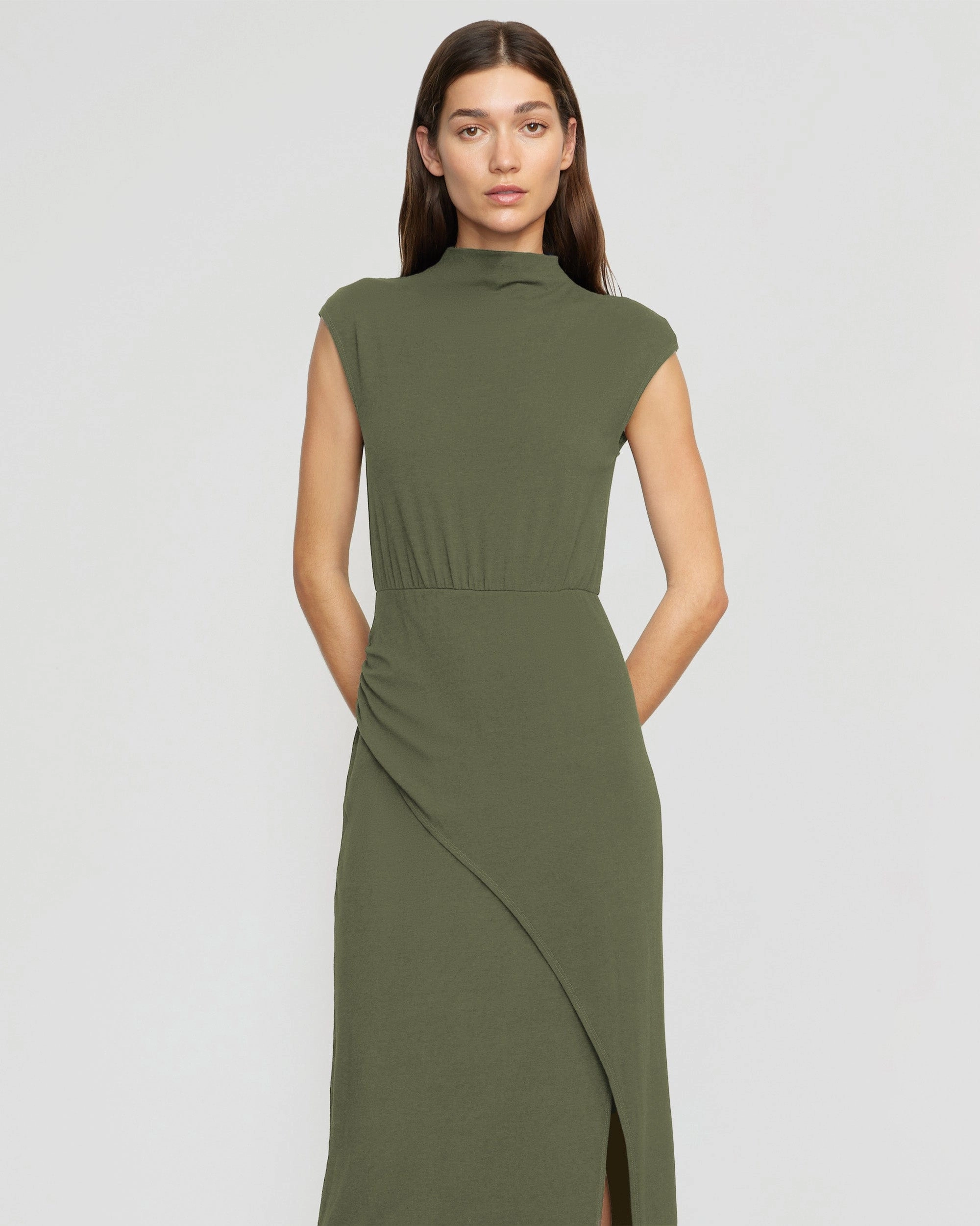 Yimei Mock-Neck Side-Slit Dress