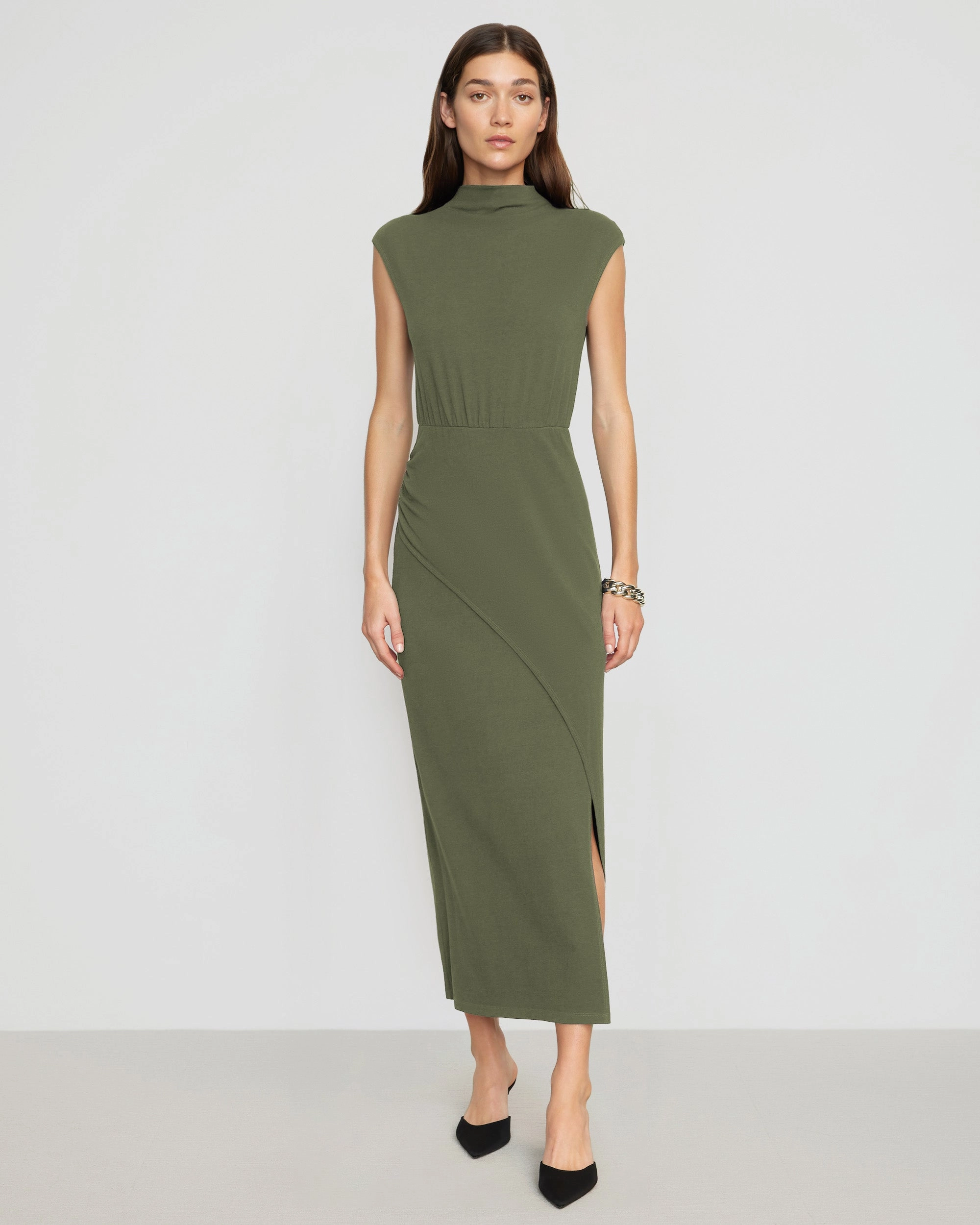 Yimei Mock-Neck Side-Slit Dress