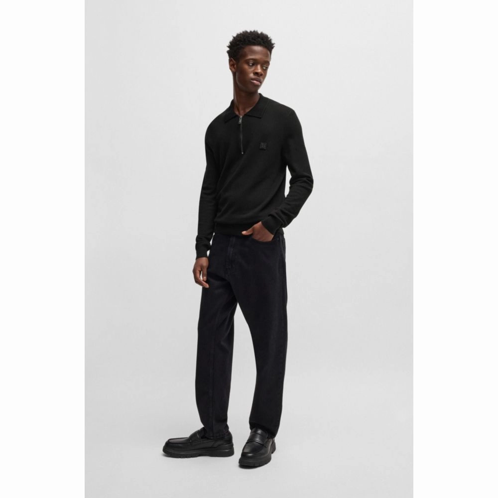 Zip-neck polo sweater with stacked logo