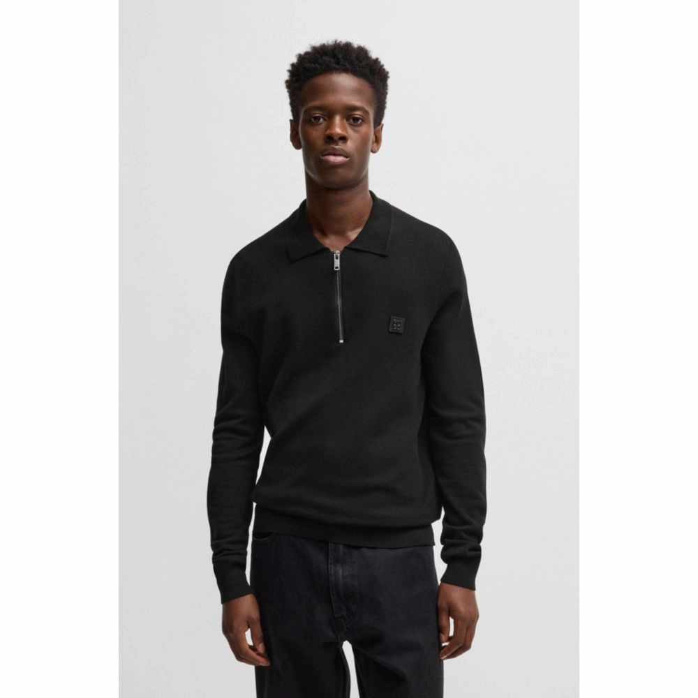 Zip-neck polo sweater with stacked logo